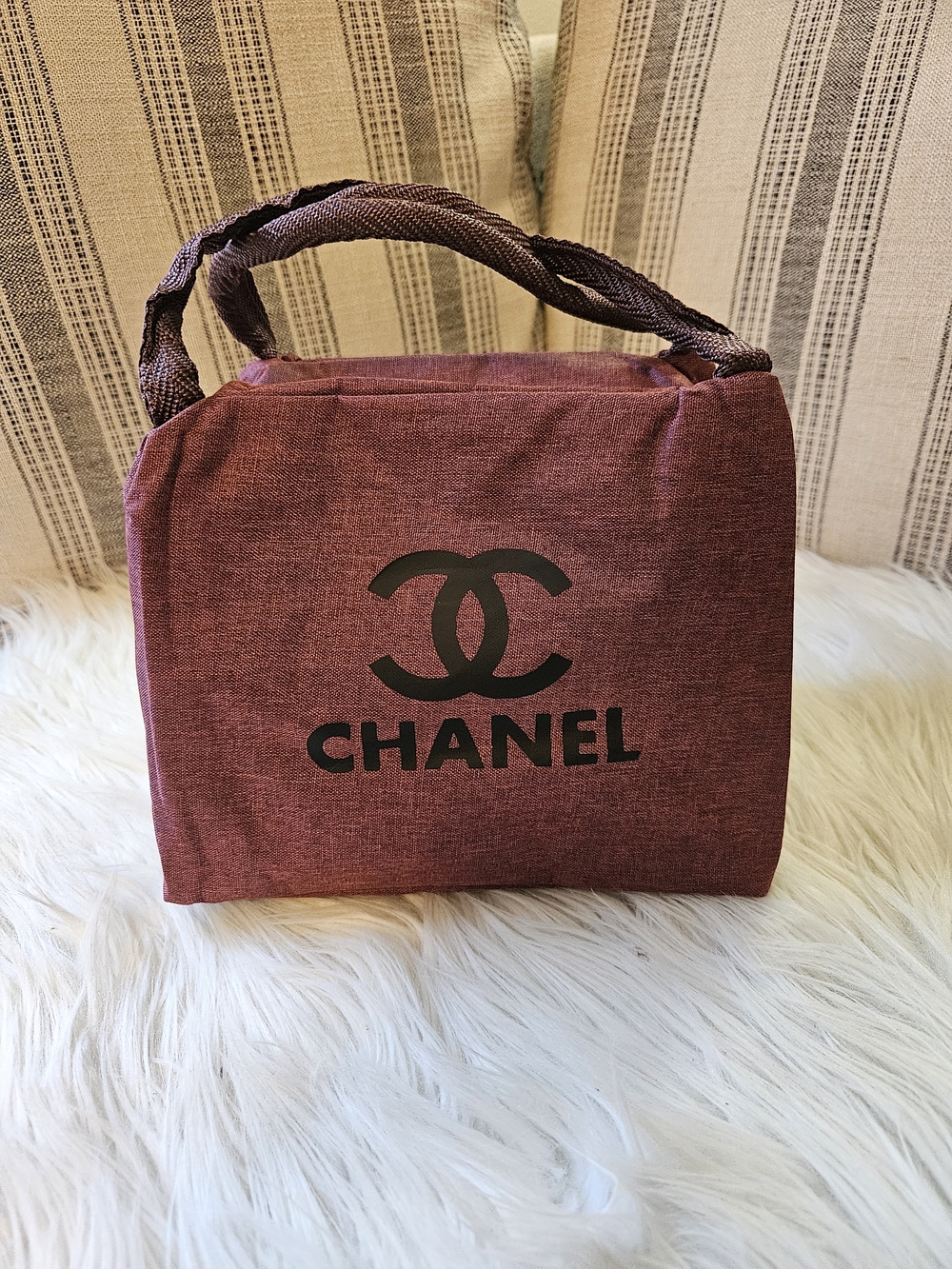 Maroon Canvas Top-Handle Bag Lunch Bag Cosmetic Bag